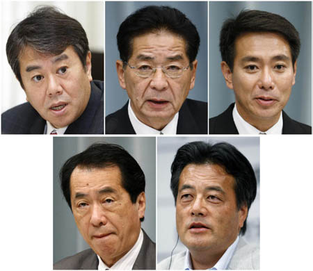 A combination photo shows possible successors to Japanese Prime Minister Yukio Hatoyama; (Up L-R) Kazuhiro Haraguchi, Yoshito Sengoku and Seiji Maehara, (Down L-R) Naoto Kan and Katsuya Okada.[China Daily/Agencies] 