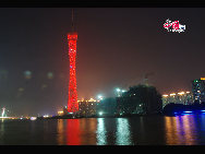 The new Guangzhou television tower seen at the southern waterfront in Guangzhou in May 27, 2010. The tower is 450 meters tall. It is located south of Zhujiang New Town, a planned central business district of Guangzhou. [Photo by Cheng De]