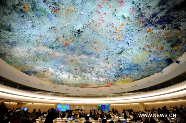 Photo taken on June 9, 2010 shows the decorated ceiling of the assembly hall in the Palace of Nations in Geneva, Switzerland. The Palace of Nations in Geneva was built between 1929 and 1936 as the headquarters of the League of Nations. It has served as the home of the United Nations Office in Geneva since 1946, when the UN secretary general signed the Headquarters Agreement with the Swiss authorities, although Switzerland did not become a UN member until 2002. (Xinhua/Yu Yang)