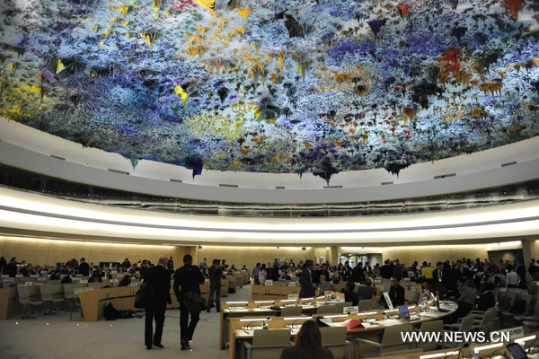 Photo taken on June 8, 2010 shows the assembly hall of the Palace of Nations in Geneva, Switzerland. The Palace of Nations in Geneva was built between 1929 and 1936 as the headquarters of the League of Nations. It has served as the home of the United Nations Office in Geneva since 1946, when the UN secretary general signed the Headquarters Agreement with the Swiss authorities, although Switzerland did not become a UN member until 2002. [Xinhua/Yu Yang]