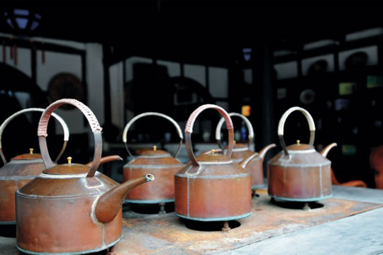 Kettles always boiling with water for tea. 