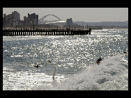 People surf in the sea neat the Moses Mabhida Stadium, Durban City, South Africa. [gb.cri.cn]