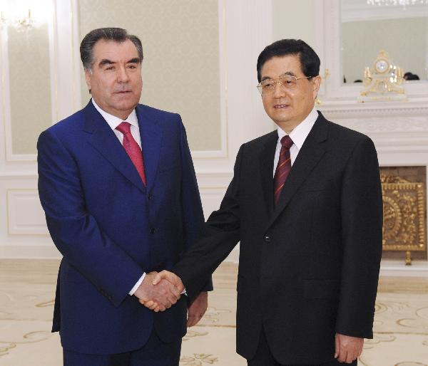 Chinese President Hu Jintao (R) meets with Tajik President Emomali Rakhmon in Tashkent, capital of Uzbekistan, on June 10, 2010. [Ju Peng/Xinhua]