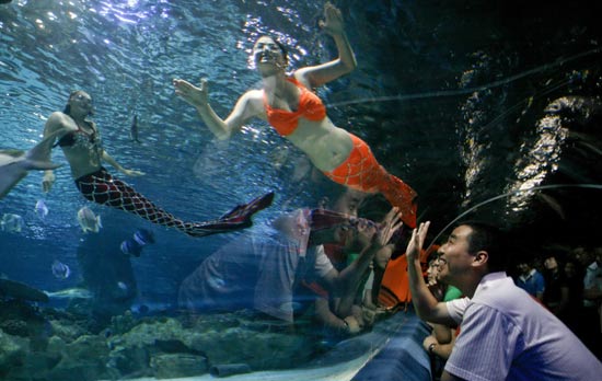 A visitor to Beijing Fuguo Ocean Park waves to a diver dressed as a mermaid on Thursday, June 10, 2010. [China News Service]