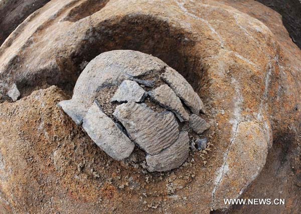 Photo taken on June 8, 2010 shows the stove built in ancient China&apos;s Han Dynasty (206 BC-220 AD) and excavated at Caoxie Village in Lianzhou Town of Hepu County, southwest China&apos;s Guangxi Zhuang Autonomous Region. [Xinhua]