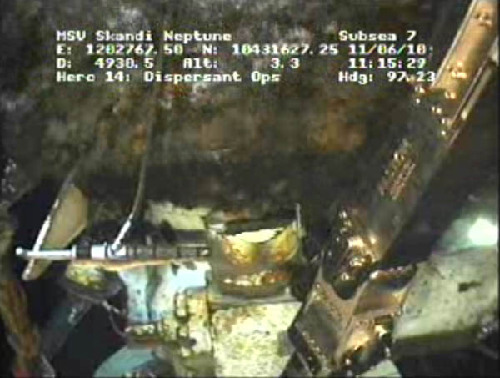 Leaking oil and gas are seen during dispersant operations at the site of the Deepwater Horizon oil spill in the Gulf of Mexico, in this screen grab taken from a BP live video feed June 11, 2010. Britain stuck up for beleaguered BP Plc on Friday against American criticism over the massive oil spill that U.S. scientists said was far bigger than previously thought. [Xinhua/Reuters]