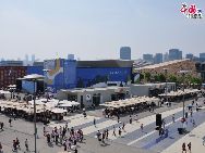 Panoramic view of the Greece Pavilion 'Metropolis' and the Poland Pavilion in the Expo Park.[Photo by Pierre Chen] 