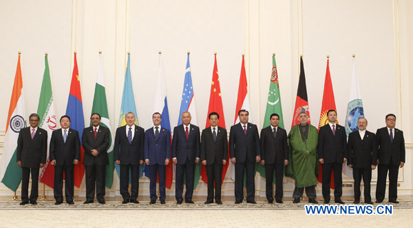 Chinese President Hu Jintao (7th L) and other participants of the Shanghai Cooperation Organization (SCO) summit pose for a group photo in Tashkent, capital of Uzbekistan, on June 11, 2010. [Xinhua]