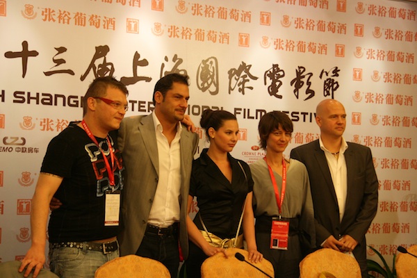 Crew members of the Hungarian movie, Czukor Show. From left to right, director Tamas Domotor, leading actor Attila Arpa, leading actress Kata Peter, producer Inez Matis and producer Perenc Pusztai attend a press conference at the Shanghai Film Art Center on June 14. Czukor Show is competing for the Golden Goblet award at the festival. 