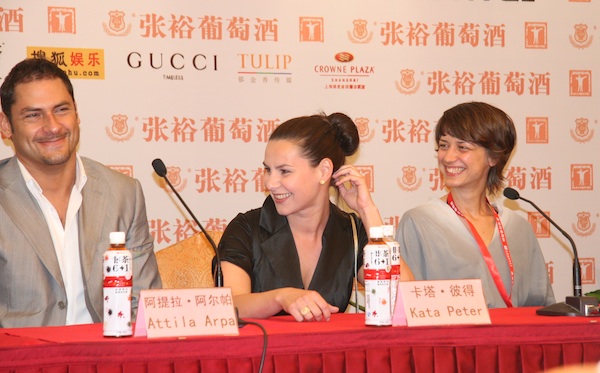 Leading actor Attila Arpa, leading actress Kata Peter and producer Inez Matis attend a press conference for the Hungary movie Czukor Show at the Shanghai Film Art Center on June 14.