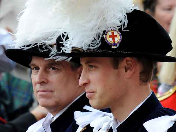 Britain's Duke of York and Prince William (R) take part in the procession of the Order of the Garter in Windsor, London June 14, 2010.