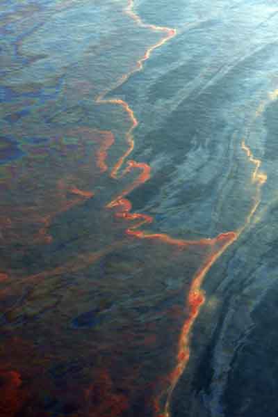 Ribbons of oil from the Deepwater Horizon wellhead makes patterns on the water in the Gulf of Mexico off the coast of Louisiana June 13, 2010. President Barack Obama and top BP executives are set for a showdown over the Gulf of Mexico oil spill this week, as the likely damages bill piles more pressure on the oil giant's shares. Photo taken June 13, 2010.