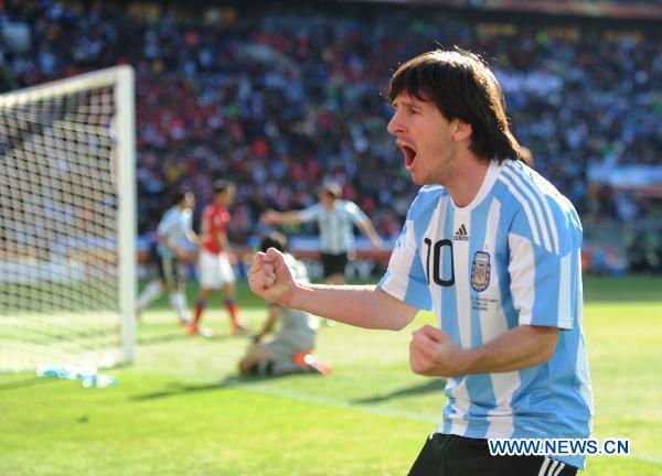 Argentina's Lionel Messi celebrates during a 2010 World Cup Group B match between Argentina and South Korea at the Soccer City stadium in Soweto, suburban Johannesburg, South Africa, on June 17, 2010. Argentina won with 4-1.(Xinhua/Guo Yong)