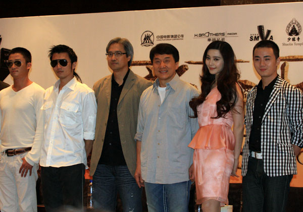 Director Benny Chan (3rd from left) leads 'Shaolin' cast members Wu Jing, Nicholas Tse, Jackie Chan, Fan Bingbing and Yu Shaoqun to promote the film in Shanghai on Monday, June 14, 2010.
