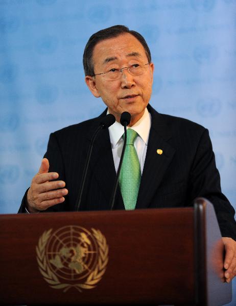 UN Secretary-General Ban Ki-moon speaks at a press conference at the UN headquarters in New York, the United States, June 18, 2010. Ban Ki-moon said Friday that the world body is appealing for 71 million U.S. dollars of emergency aid for conflict-stricken Kyrgyzstan. [Shen Hong/Xinhua]