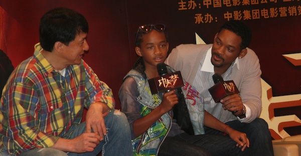 From left to right, actor Jackie Chan, actor Jaden Smith and producer Will Smith attend a press conference to promote the movie “The Karate Kid” in Shanghai on June 18. [Pang Li/China.org.cn]