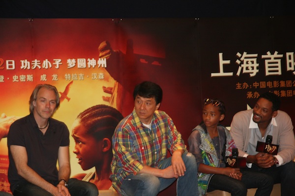 From left to right, director Harald Zwart, actor Jackie Chan, actor Jaden Smith and producer Will Smith attend a press conference to promote the movie “The Karate Kid” in Shanghai on June 18. [Pang Li/China.org.cn]