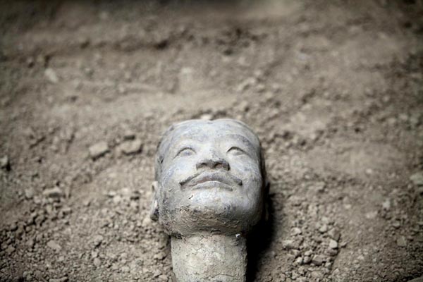  The head of a newly found terracotta warrior is placed at the excavation site inside the No 1 pit of the Museum of Qin Terracotta Warriors and Horses, on the outskirts of Xi&apos;an, Shaanxi province, June 21, 2010. [China Daily/Agencies] 