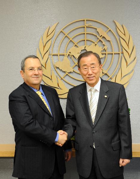 Israeli Defense Minister Ehud Barak (L) shakes hands with United Nations Secretary-General Ban Ki-moon at the UN headquarters in New York, the United States, June 21, 2010. Barak said here Monday that the Israeli government let in the humanitarian aid into Gaza while keeping out weapons and ammunition, and the Gaza policy is applicable in other parts of the West Bank. [Shen Hong/Xinhua]