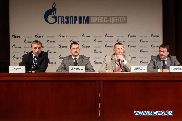 The deputy CEO of Russian gas monopoly Gazprom Alexander Medvedev (2nd R) attends a press conference in Moscow, capital of Russia, June 22, 2010. Gazprom on Tuesday reduced gas supplies to Belarus by 30 percent of the planned volume from 10 a.m. Moscow time (0600 GMT), said the company's CEO Alexei Miller in televised comments. [Lu Jinbo/Xinhua]