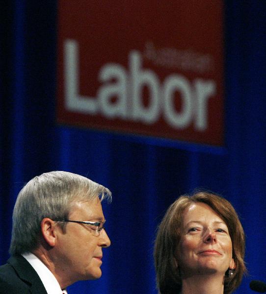 Australia's Prime Minister Kevin Rudd and Deputy Prime Minister Julia Gillard attend the Labor Party conference at Darling Harbour in Sydney in thisJuly 30, 2009. Gillard became Australia's first female prime minister on June 24, 2010 after Rudd stepped down before a leadership ballot.[Xinhua]