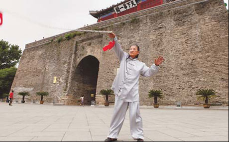 A kung fu master practicing his moves at the Shanhai Pass of Great Wall