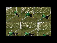 Combination photo shows Germany's goalkeeper Manuel Neuer watching the ball cross the line during the 2010 World Cup second round soccer match against England at Free State stadium in Bloemfontein June 27, 2010. England were denied an equalising goal on Sunday when a Frank Lampard shot from 2O metres out hit the crossbar and dropped well over the line. [sport. sina.com] 