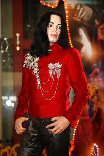 A wax figure of Michael Jackson is on display at the Shanghai World Expo, June 25, 2010. Shanghai Madame Tussauds wax museum staged a tribute exhibit of the late King of Pop at Expo during the one year anniversary of Jackson's death on Sunday