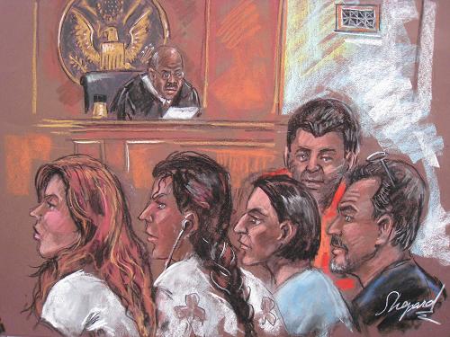 This drawing dated June 28, 2010 shows five of the 10 arrested Russian spy suspects in a New York courtroom. The United States cracked wide open Monday an alleged Russian spy ring, announcing the arrest of 10 'deep-cover' suspects after unraveling a mission secretly monitored by the FBI for more than a decade.[Xinhua]