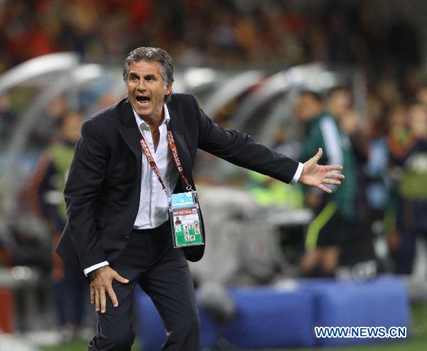 Carlos Queiroz, head coach of Portugal reacts during the 2010 World Cup round of 16 soccer match between Spain and Portugal at Green Point stadium in Cape Town, South Africa, on June 29, 2010. Spain won 1-0 and qualified for the quarterfinals.[Xinhua] 