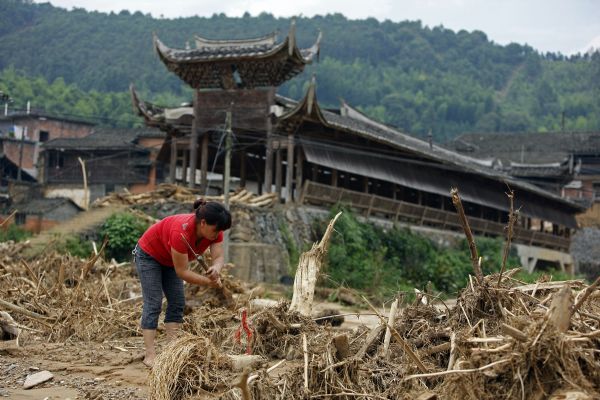 A farmer clears up branches and roots brought by floods at Gaobu Village of Wangtai Township in Nanping City, southeast China's Fujian Province, June 30, 2010. 