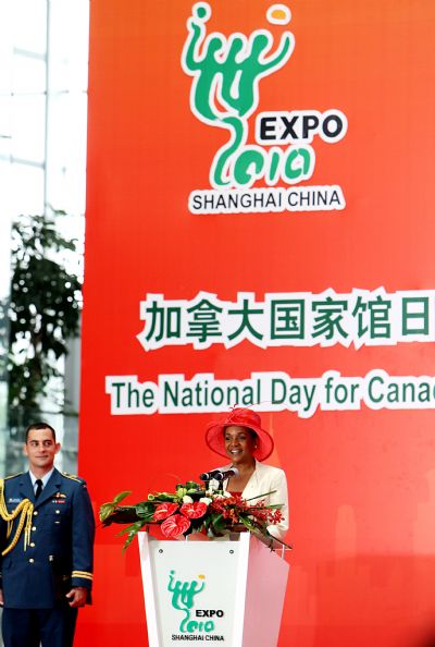 Canadian Governor General Michaelle Jean (R) addresses a ceremony marking the Canada National Pavilion Day at the Shanghai World Expo in Shanghai, east China, July 1, 2010. 