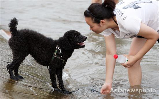 A woman plays with her dog at a park by the Hanjiang River in Wuhan, Central China&apos;s Hubei province, July 3, 2010. [China Daily/Asianewsphoto]