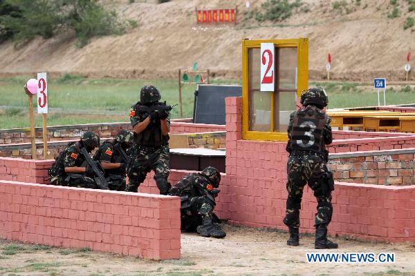 Chinese soldiers demonstrate military skills during a Chinese-Pakistani joint anti-terrorism drill in Qingtongxia of northwest China&apos;s Ningxia Hui Autonomous Region July 4, 2010. [Wang Jianmin/Xinhua]