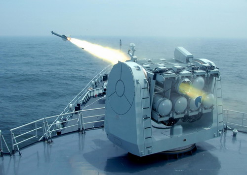 A warship launches an intercept missile in the East China Sea during a military exercise held by the Chinese navy on July 6, 2010.[