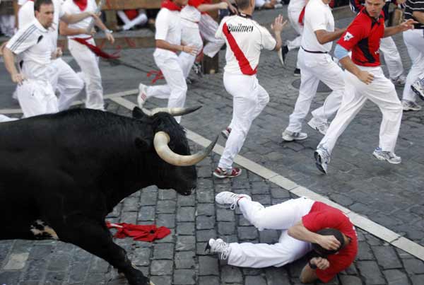 A runner falls in front of a Penajara fighting bull on the first day of the running of the bulls during the San Fermin festival in Pamplona July 7, 2010. Six bulls are released every morning throughout the festival to run through the cobbled streets of Pamplona to the bullring, where they will be killed in a bullfight in the afternoon.[Xinhua]