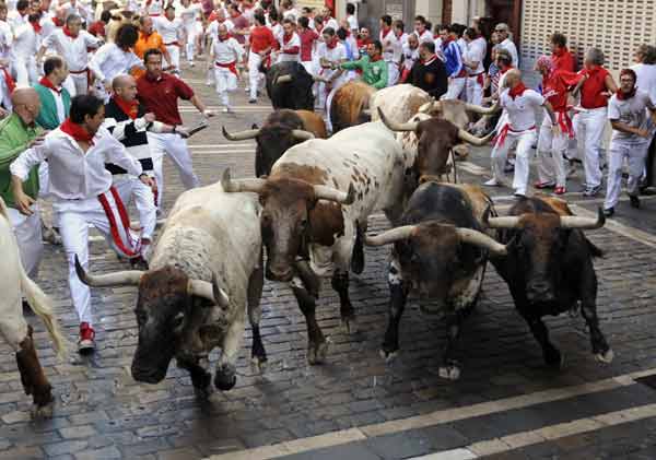 Runners take the Estafeta corner next to Penajara fighting bulls during the first running of the bulls on the second day of the San Fermin festival in Pamplona July 7, 2010.[Xinhua]