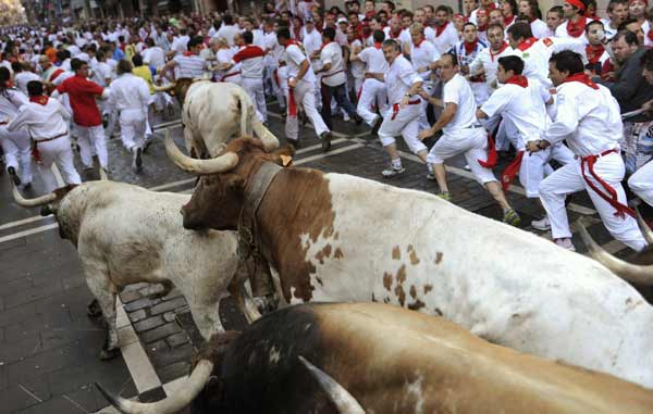 Runners take the Estafeta corner next to Penajara fighting bulls during the first running of the bulls on the second day of the San Fermin festival in Pamplona July 7, 2010. There were no serious injuries in the run that lasted two minutes and twenty three seconds, according to the Navarra government press office.[Xinhua]