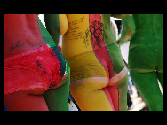 Protestors painted in the colours of flags of various countries hold signs and chant slogans during a demonstration against the fur industry in Johannesburg July 8, 2010. [163.com]