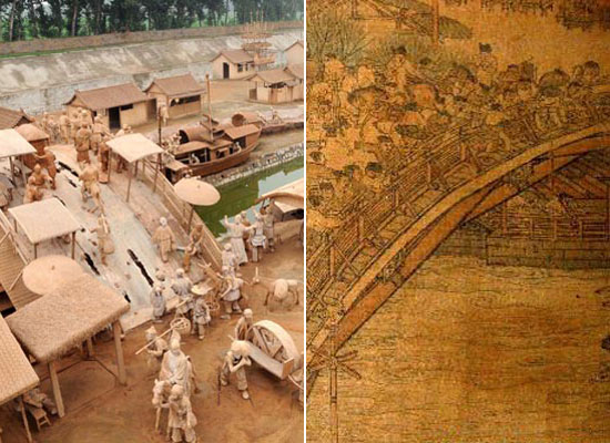 The combo photo shows part of the clay sculpture from the famous Song Dynasty painting Along the River During the Qingming Festival (left) and part of the painted scroll (right). The famous ancient painting, a masterpiece by the imperial court painter Zhang Zeduan, is a long painted scroll 528 cm long and 24.8 cm wide, which portrays street scenes of Bianjing (today&apos;s Kaifeng City, central China&apos;s Henan Province), the capital of the Northern Song Dynasty (960-1127).[Xinhua]