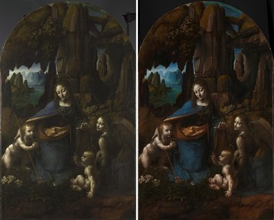 An undated image made available by the National Gallery in London of Leonardo da Vinci's Virgin on the Rocks before (left) and after restoration.