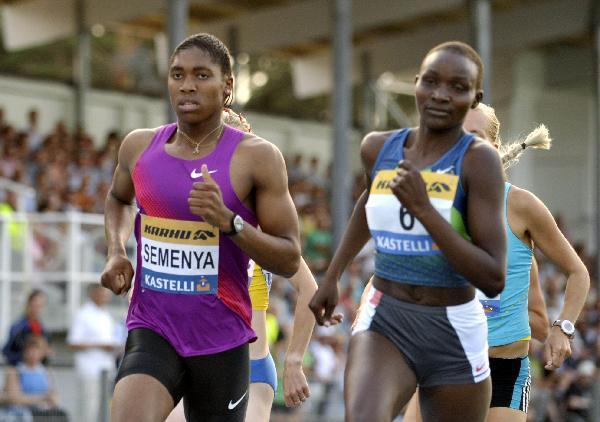 South Africa's athlete Caster Semenya , left, in the 800 metres in Lappeenranta, eastern Finland on Thursday, July 15, 2010. Caster Semenya has won her first race since being cleared to return to competition after underdoing gender tests. The 19-year-old South African won the 800 meters in a modest time of 2 minutes, 4.22 seconds on Thursday at the low-key Lappeenranta Games. (Xinhua/Reuters Photo)