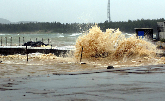 The gusts cause terrifying waves to surge up in Hainan on July 16, 2010. 