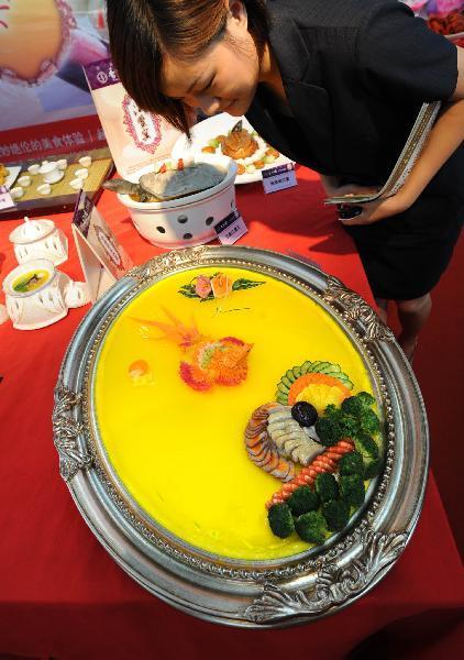 A visitor looks at a combined dish displayed at a food cultural festival held in Nanjing, capital of east China's Jiangsu Province, July 21, 2010. The festival which opened here on Thursday includes a series of activities, such as exhibition of food culture, cultural exchange of old-branded restaurants and painting and calligraphy creation on food, etc. [Xinhua photo]