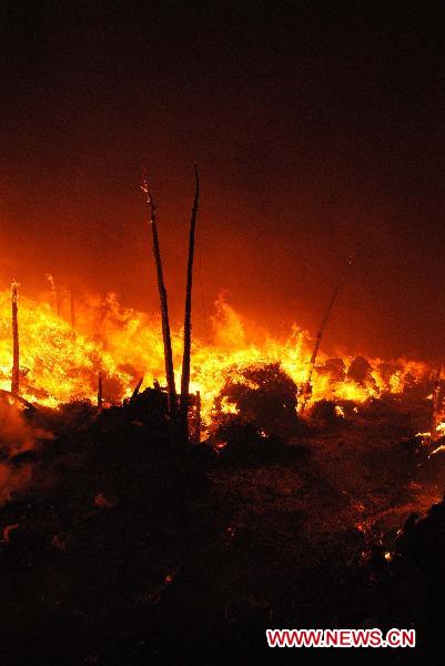 Fire rages in a warehouse after two blasts in a local market in southwest Pakistan's Quetta on July 25, 2010. Over 100 shops caught fire following two gas cylinder explosions which occurred late Sunday night in Quetta.[Iqbal Hussain/Xinhua]