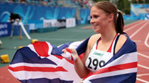 Sophie Hitchon of Britain celebrates after the final of women's hammer throw at the 2010 IAAF World Junior Championships in Moncton, Canada, July 24, 2010. Sophie Hitchon claimed the title with 66.01 metres.