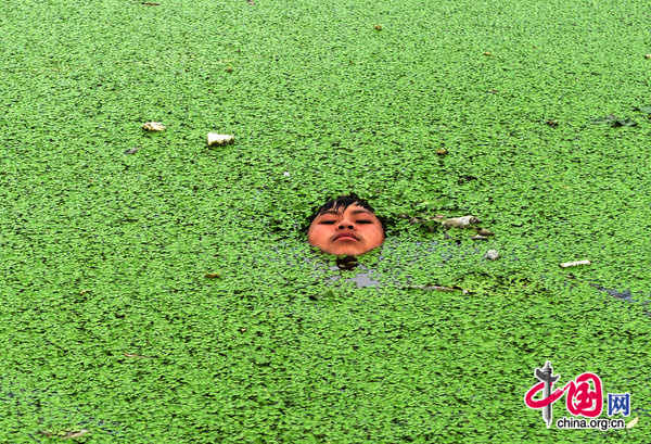 A child swims in a lake covered by green duckweed on July 25, 2010 in Jiaxing, Zhejiang Province of China. [CFP]