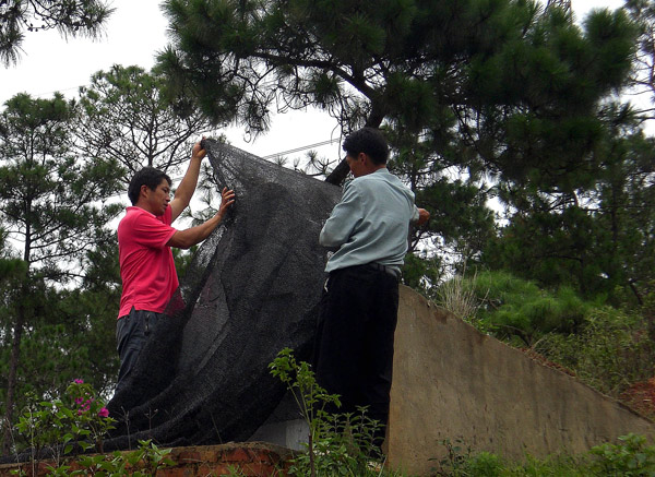 Two villagers cover a tombstone with a black cloth in Yiliang county of Southwest China&apos;s Yunnan province, July 22, 2010. [Xinhua]