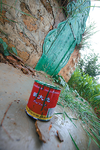 A paint can is left beside a tombstone that had been painted green in Yiliang county of Southwest China&apos;s Yunnan province, July 20, 2010. [China Daily] 