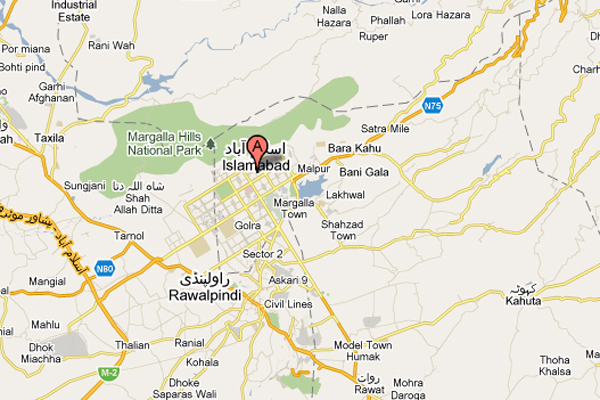 Location of Margalla Hills in Pakistan's capital Islamabad.  (Map Source: Google Maps) 